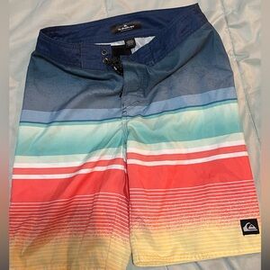 Quiksilver Men's Striped Blue and Red Board Shorts